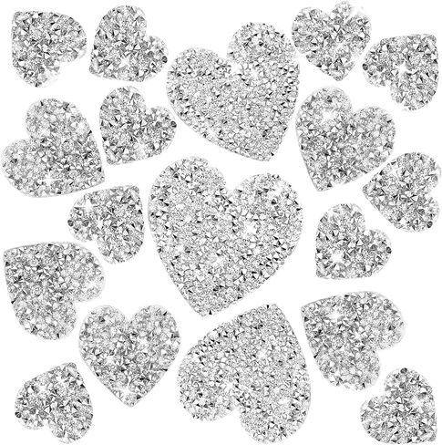 18 Pieces Silver Heart Shape Hot Glue Iron On Patches, 4 Size Adhesive Love Rhinestone Glitter Appliques for Clothing Repair Decoration in Kuwait
