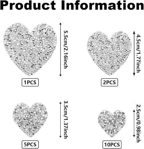 18 Pieces Silver Heart Shape Hot Glue Iron On Patches, 4 Size Adhesive Love Rhinestone Glitter Appliques for Clothing Repair Decoration in Kuwait