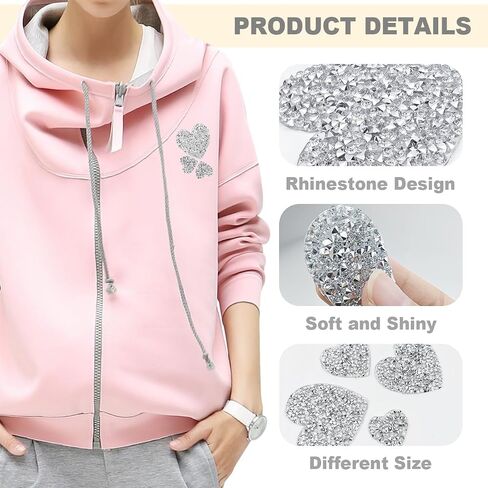 18 Pieces Silver Heart Shape Hot Glue Iron On Patches, 4 Size Adhesive Love Rhinestone Glitter Appliques for Clothing Repair Decoration in Kuwait
