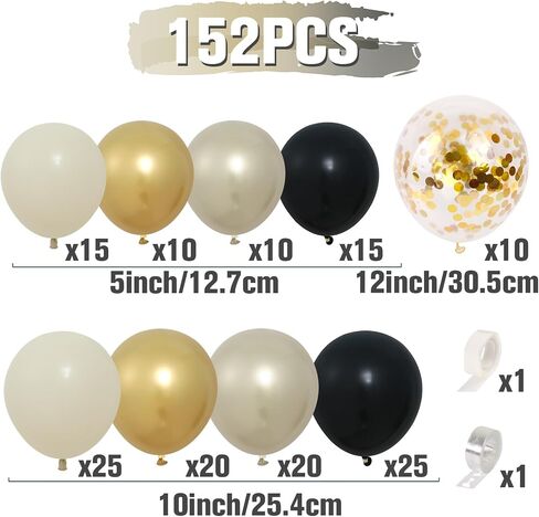 Black and Gold Balloon Garland Arch Kit for Birthday Party Decorations, 152pc White Sand Confetti Champagne New Years Eve Party Balloons for Graguations Decorations,Birthday Wedding Party Decor in Saudi Arabia