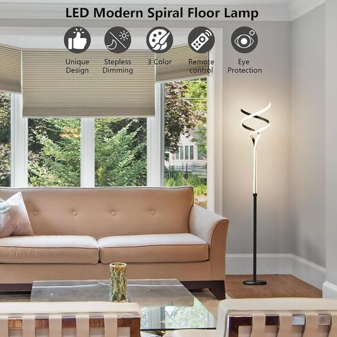 Modern Floor Lamp for Living Room, 68 Inch LED Tall Lamp with Remote Control, 3 Color Dimmable Bright Standing Lamp, Spiral Black Floor Lamp for Bedroom Office in Saudi Arabia