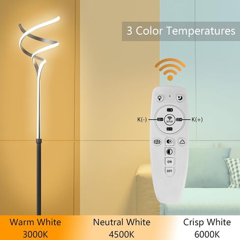 Modern Floor Lamp for Living Room, 68 Inch LED Tall Lamp with Remote Control, 3 Color Dimmable Bright Standing Lamp, Spiral Black Floor Lamp for Bedroom Office in Saudi Arabia