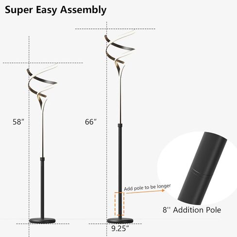 Modern Floor Lamp for Living Room, 68 Inch LED Tall Lamp with Remote Control, 3 Color Dimmable Bright Standing Lamp, Spiral Black Floor Lamp for Bedroom Office in Saudi Arabia