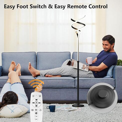 Modern Floor Lamp for Living Room, 68 Inch LED Tall Lamp with Remote Control, 3 Color Dimmable Bright Standing Lamp, Spiral Black Floor Lamp for Bedroom Office in Saudi Arabia
