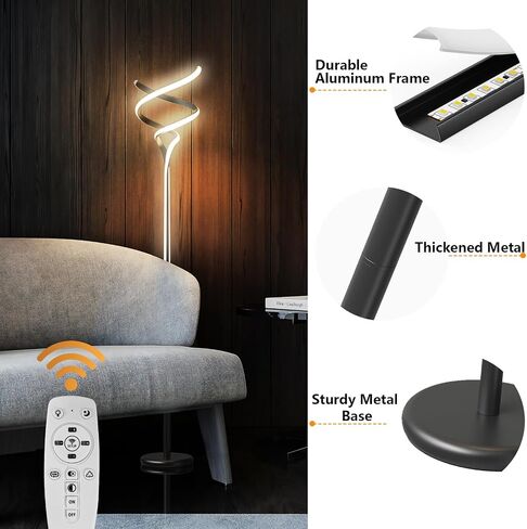 Modern Floor Lamp for Living Room, 68 Inch LED Tall Lamp with Remote Control, 3 Color Dimmable Bright Standing Lamp, Spiral Black Floor Lamp for Bedroom Office in Saudi Arabia