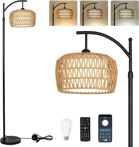 Arc Floor Lamp with Remote, Dimmable Rattan Floor Lamp with LED Bulb, Boho Farmhouse Tall Pole Lamp with Rattan & Fabric Shades, Modern Black Standing Lamps for Living Room Bedroom Nursery in Saudi Arabia