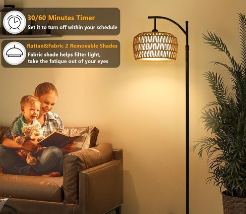 Arc Floor Lamp with Remote, Dimmable Rattan Floor Lamp with LED Bulb, Boho Farmhouse Tall Pole Lamp with Rattan & Fabric Shades, Modern Black Standing Lamps for Living Room Bedroom Nursery in Saudi Arabia