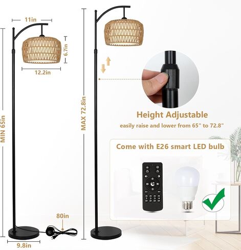 Arc Floor Lamp with Remote, Dimmable Rattan Floor Lamp with LED Bulb, Boho Farmhouse Tall Pole Lamp with Rattan & Fabric Shades, Modern Black Standing Lamps for Living Room Bedroom Nursery in Saudi Arabia