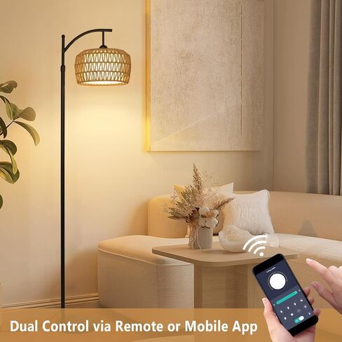 Arc Floor Lamp with Remote, Dimmable Rattan Floor Lamp with LED Bulb, Boho Farmhouse Tall Pole Lamp with Rattan & Fabric Shades, Modern Black Standing Lamps for Living Room Bedroom Nursery in Saudi Arabia