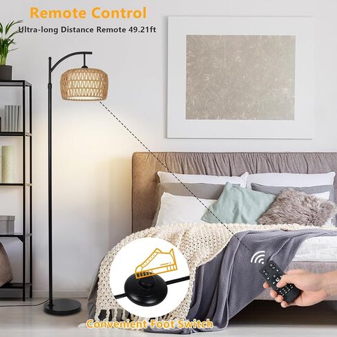 Arc Floor Lamp with Remote, Dimmable Rattan Floor Lamp with LED Bulb, Boho Farmhouse Tall Pole Lamp with Rattan & Fabric Shades, Modern Black Standing Lamps for Living Room Bedroom Nursery in Saudi Arabia