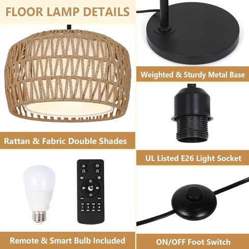 Arc Floor Lamp with Remote, Dimmable Rattan Floor Lamp with LED Bulb, Boho Farmhouse Tall Pole Lamp with Rattan & Fabric Shades, Modern Black Standing Lamps for Living Room Bedroom Nursery in Saudi Arabia