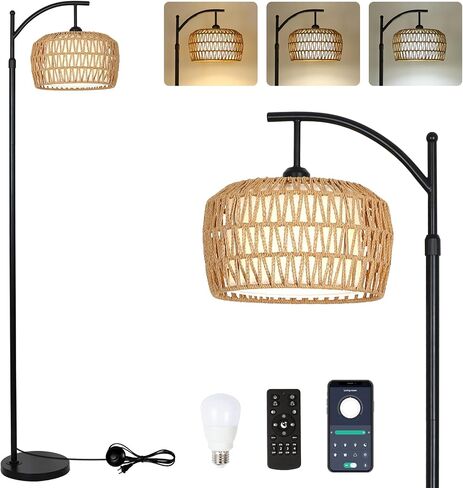 Arc Floor Lamp with Remote, Dimmable Rattan Floor Lamp with LED Bulb, Boho Farmhouse Tall Pole Lamp with Rattan & Fabric Shades, Modern Black Standing Lamps for Living Room Bedroom Nursery in Saudi Arabia