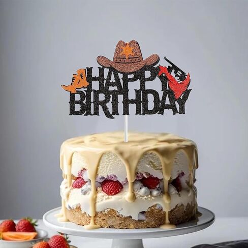 Cowboy Cake Topper Cowboy Hats Boots Glitter Happy Birthday Cake Topper Decorations for Cowboy Theme Party Birthday Party Supplies in Saudi Arabia
