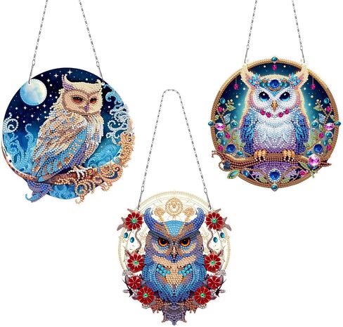 MaiYiYi 3 PCS DIY Diamond Art Ornaments Owl Special Crystal Gem Craft Painting Kit Cute Owl Diamond Painting Ornaments for Adult Beginners Home Wall Window Art Decor (13.39X7.48 inch) in Kuwait