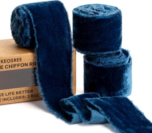 Dusty Blue Velvet Ribbon,Blue Handmade Frayed Fabric Ribbon for Wreaths Bridal Flower Bouquet Christmas Gift Wrapping Wedding Decor Invitations Decorations 1.5" x 4.5Yards (1.5Yards X 3 Rolls) in Saudi Arabia