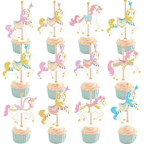 Carousel Horse Cupcake Toppers 48Pcs Carousel Horse Party Cake Decorations Carnival Carousel Horse Cupcake Picks Horse Birthday Party Supplies for Amusement Park Themed Baby Shower Decor