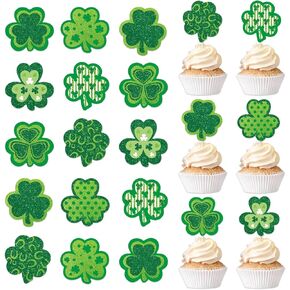 16 Pcs Shamrock Cupcake Toppers St. Patrick's Day Party Supplies Cake Decorations Glitter Lucky Green Clover Pick Food Tags Markers Accessories