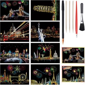 8pcs Scratch Painting Rainbow Paper Set Rainbow Painting Scratch Off Doodle Paper Scratch Paper Arts Kits with Tools Landscape Scratchboard