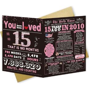 15th Birthday Card Gifts for Girls, Daughter, Niece, Granddaughter, 15th Birthday Decorations for Girls, Large Birthday Card for 15 Year Old, Funny Back in 2010 Birthday Card, Rose Pink Gold