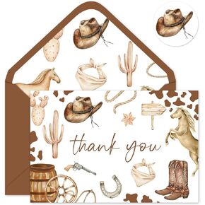 24 Pack Western Cowboy Thank You Cards Brown Cowboy Hat Boots Horse Note Cards with Envelopes Stickers Greeting Blank Cards for Birthday Baby Shower