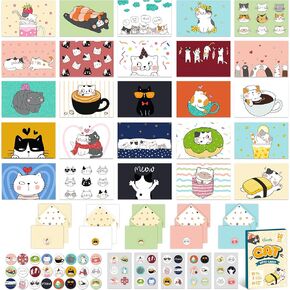 Decorably 50 Pack 4x6in Cat Cards with Envelopes and Stickers, 25 Adorable Kitty Designs Cat Note Cards, Blank Inside - Birthdays, Appreciation