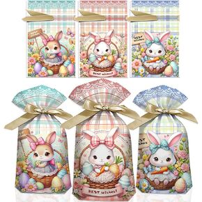 Rikolto 50PCS Easter Drawstring Treat Bags, Plastic Easter Candy Bags,Easter Cookie Bags,Easter Goodie Bags for Kids Classrooms,Easter Party Supplies(3 Styles)