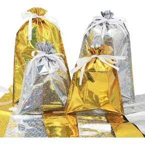 20pcs Drawstring Goodie Gift Bags, Party Favor Bags, Gift Wrapping Bag, Holiday Treats Bags with Ribbon Ties and Tags in 2 Sizes of 2 Colors, for Families Friends Kids in All Occasion of Celebration