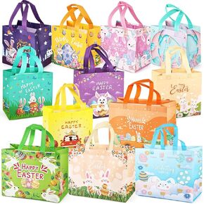 12PCS Happy Easter Egg Hunt Bags, Assorted Sizes Easter Bunny Carrot Chick Egg Gift Bags with Handles, Easter Treat Bags, Multifunctional Non-Woven Easter Bags for Gifts Wrapping, Egg Hunt Game,