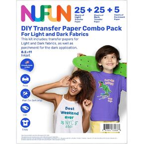NuFun Activities Printable Iron-on Heat Transfer Paper Combo for Light & Dark Fabrics, 25 Light/25 Dark 8.5 x 11 inch, Long Lasting, Durable, Professional Quality, Easy DIY, Non-Toxic, Made In the USA