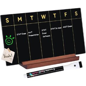 TORASO Desktop Glass Weekly Whiteboard, Dry Erase Calendar with Detachalble Solid Wood Stand, Planner Board,12"x6",Black, for Office, Home, School(Glass,Weekly-BK)