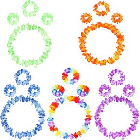 SUMERSHA 5 SET 20PCS HAWAIIAN LEIS مرنة الزهور قلادات وعصابات رأس وشرب معصم الاستوائيات الزخارف الاستوائية اللوازم عيد ميلاد الشاطئ الحفلات ، 5 ألوان