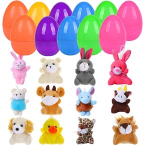 12 PCS Easter Eggs Filled with Mini Plush Animal Toys, Easter Basket Stuffers for Toddler Boys Girls, Plastic Easter Egg Filler Animal Plush Easter Gift for Kids, Easter Egg Hunt Party Favor