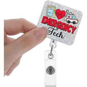 Emergency Tech Badge Reels Retractable Glitter with Clip, Funny Badge Holder Gift for Emergency Room Nurse ER Technician ER Tech Trauma, CNA Gift, ER Nurse Appreciation Gift