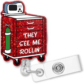 Retractable They See Me Rollin' Badge Reel with Alligator Clip, Funny Red Glitter Mobile Emergency Cart Badge Holder Gift for Doctors Nurses ER Rapid Response Team Trauma Team 1st Responders