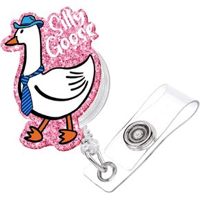 Badge Reel Funny, Silly Goose Retractable Pink Glitter Badge Reel Holder Nursing Nicu Accessories ID Clip for Doctor Student Teacher Healthcare Medical MA CNA RN ER Office Gifts