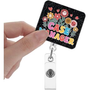 Retractable Glitter Badge Reels with Clip, Funny Floral Badge Holder for Case Manager, Appreciation Gift for Social Worker, Case Management Week