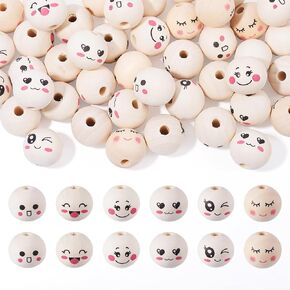 Craftdady 48Pcs Smile Face Wooden Beads Printed Head Round Natural Wood Beads Cute Smiling Face Head Beads Round Spacer Ball Beads for DIY Art Crafts Earring Keychain Jewelry Making Hang Decoration