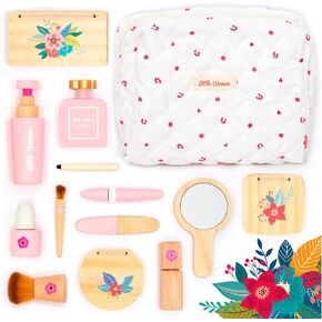 UMU® Stylish Wooden Beauty Set Little Woman for Girls - Makeup Playset 17 Piece Kit with Makeup, Brush, Mirror and Cosmetics Case, Best Gift for 3, 4, 5+ Girls Kids