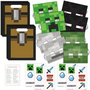 Unique Minecraft Party Favors - 16 Guests - Bundle with Goodie Bags, Tattoos, Favors, Checklist - Minecraft Birthday Decorations