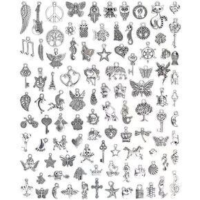 Wholesale Bulk Lots Jewelry Making Silver Charms Mixed Smooth Tibetan Silver Metal Charms Pendants DIY for Necklace Bracelet Jewelry Making and Crafting, 100 PCS