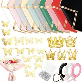 218 Pcs Flower Bouquet Wrapping Paper Kits, 50 Sheets Pink Series Waterproof Floral Wrapping Paper 60 Gold Butterfly 100 Flower Pins 5 Gold Crowns 3 Rolls Ribbon for Wedding Birthday Party