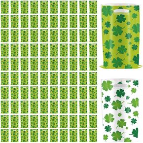 100 PCS عيد القديس باتريك يعالج الحقائب مع مقابض ، أكياس شامروك Goodie تعامل للأكياس للأطفال ، وأكياس الهدايا ذات الحلوى البلاستيكية الخضراء لزخارف عيد القديس باتريك.
