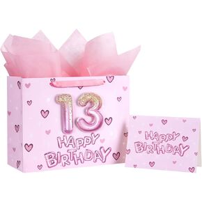 Loveinside 13th Birthday Gift Bag for Girls, Pink 3D Number 13 Balloons and Hearts Design, Medium Size Bag with Tissue Paper, Tag, Greeting Card, Ideal for Birthday Celebration, 10" x 5" x 13", 1 Pcs