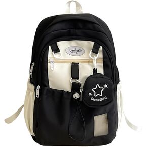 Kawaii Backpack Double Shoulder Bag with Cute Star Removable Pouch Small Clear Front Pocket Large Capacity Fits 16" Laptop Dopamine Colors Daypack (Pink)