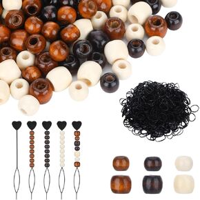 1105 Pcs Wooden Hair Beads for Braids, Large Wooden Beads for Hair Including 600 Barrel Wood Beads 500 Black Elastic Hair Bands with 5 Quick Beader, Large Hole Beads(White Dark Coffee Light Coffee)