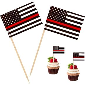 100 PCS USA RID RED LINE FIREFITER FILERIPED FIREPICK ، Cocktail Bices Mini Stick Cupcake Topcake Picks Barty Decoration Cochtail Bar Bar Flags