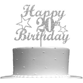 20 Birthday Silver Glitter Cake Topper, Party Decoration Ideas, Premium Quality, Sturdy Doubled Sided Glitter, Acrylic Stick. Made in USA