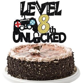 Level 10th Unlocked Cake Topper Game Controller Cake Decoration Happy Birthday Cake Decor Video Play Game Movie Theme Boys Girls Men Women (Black Gold (3))