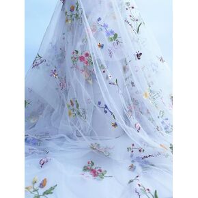 Elegant White Lace Fabric Tulle Fabric by Yard Colorful Floral Embroidery, 35x51in - Soft Tulle for DIY Dresses & Wedding Gowns, Hand Wash Only (White, 1 Yard（35x51in）)