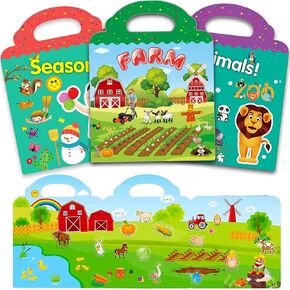 Reusable Sticker Book for Kids, 3 Sets Educational Learning Toys Travel Stickers Activity Books for Toddler Girls Boys Age 3+ Birthday Gifts - Farm, Season & Animals